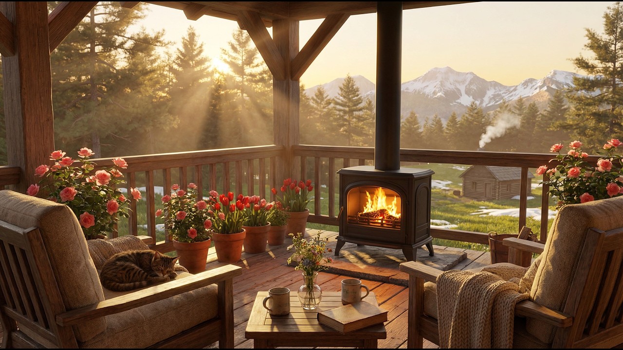 Golden Sunset on a Late Winter Porch – Fireplace & Peaceful Instrumental Music, Piano Music