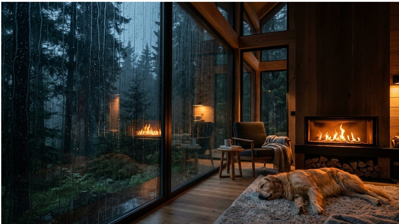 Calm Heavy Rain at a Modern Forest Retreat (3 Hours) | Cozy Fireplace & Sleeping Golden Retriever