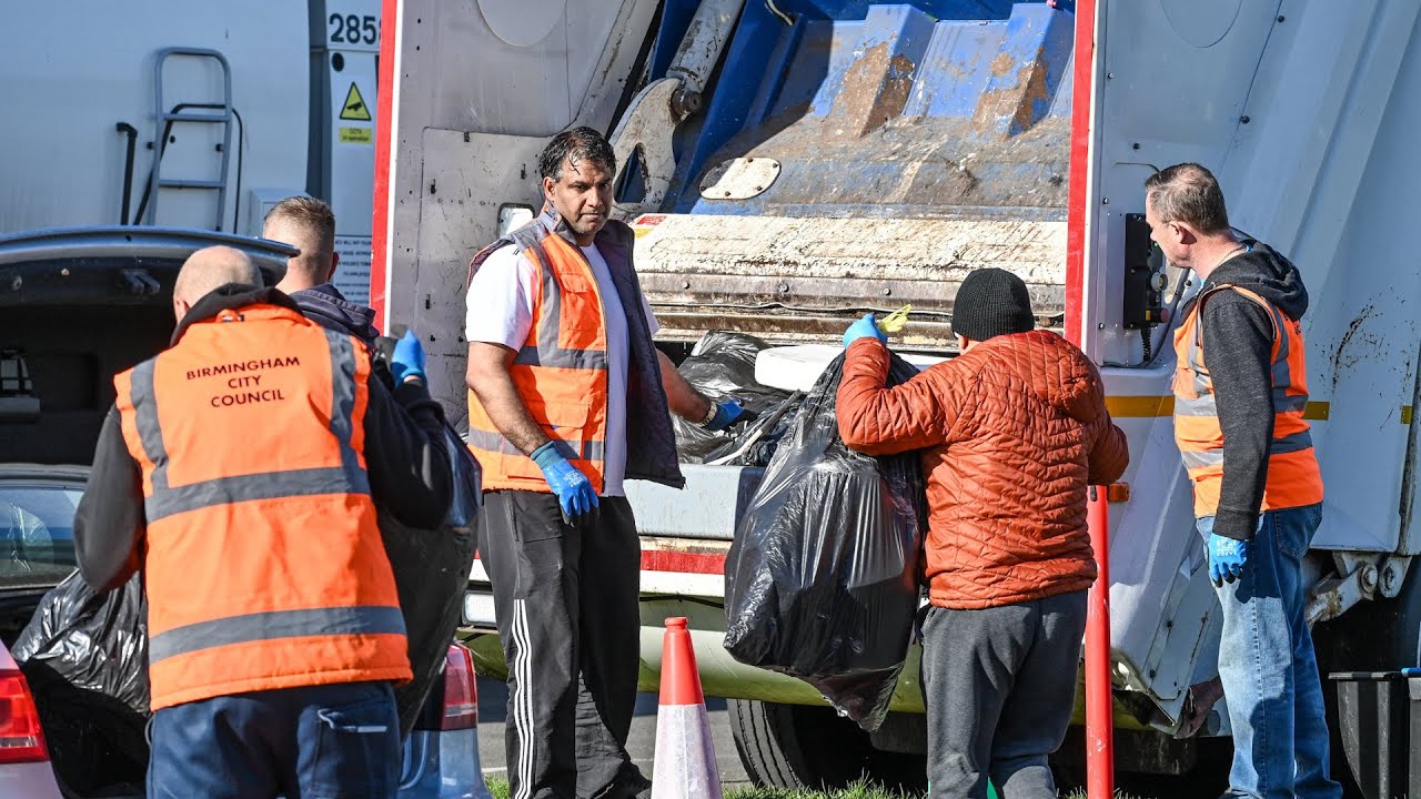 Huge queues at drop off sites in UK's second-biggest city as bin strike continues | SWNS