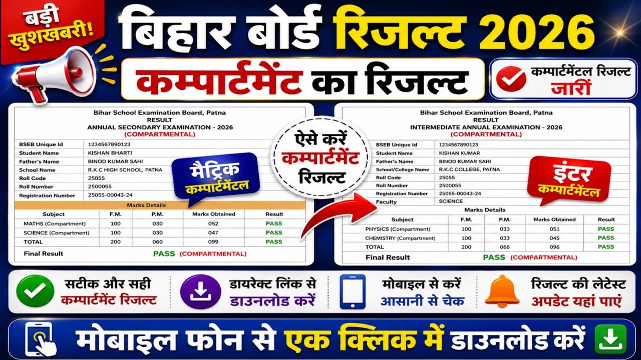 Bihar Board 10th 12th Compartment Exam 2026 Result Released | How to check compartment result