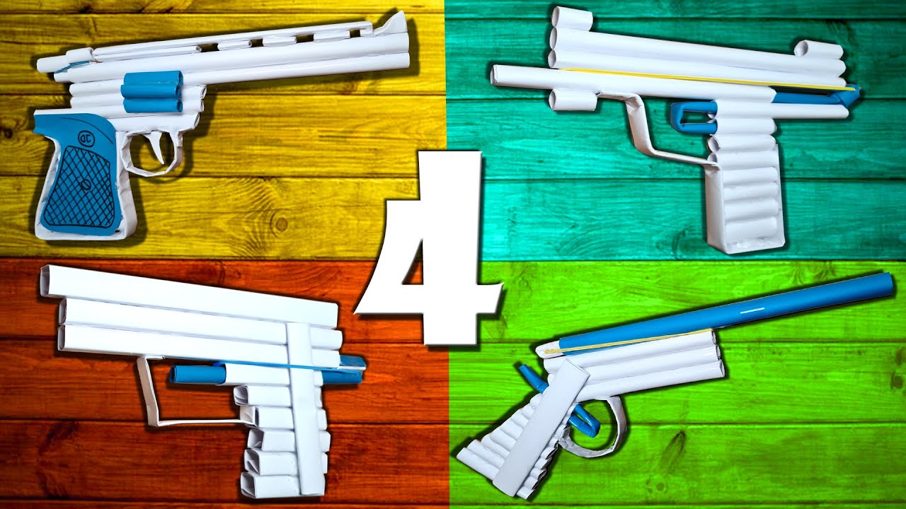 4 Waffen selber machen aus Papier Uzi, Revolver, Gewehr und Pistole basteln - paper gun DIY weapon