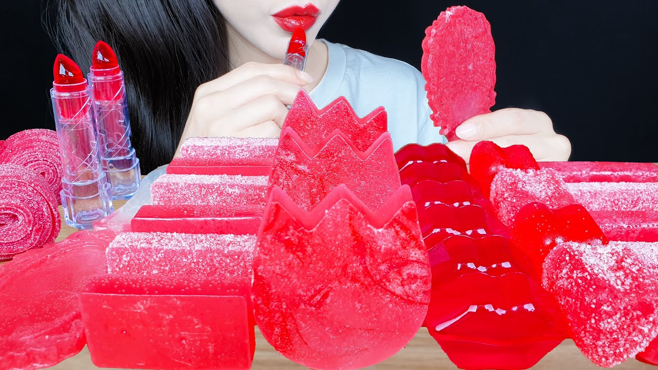 ASMR RED FOODS KOHAKUTO EDIBLE MIRROR LIPSTICK ROLL JELLY 빨간색 음식 코하쿠토 먹는 거울 립스틱 롤젤리 EATING SOUNDS