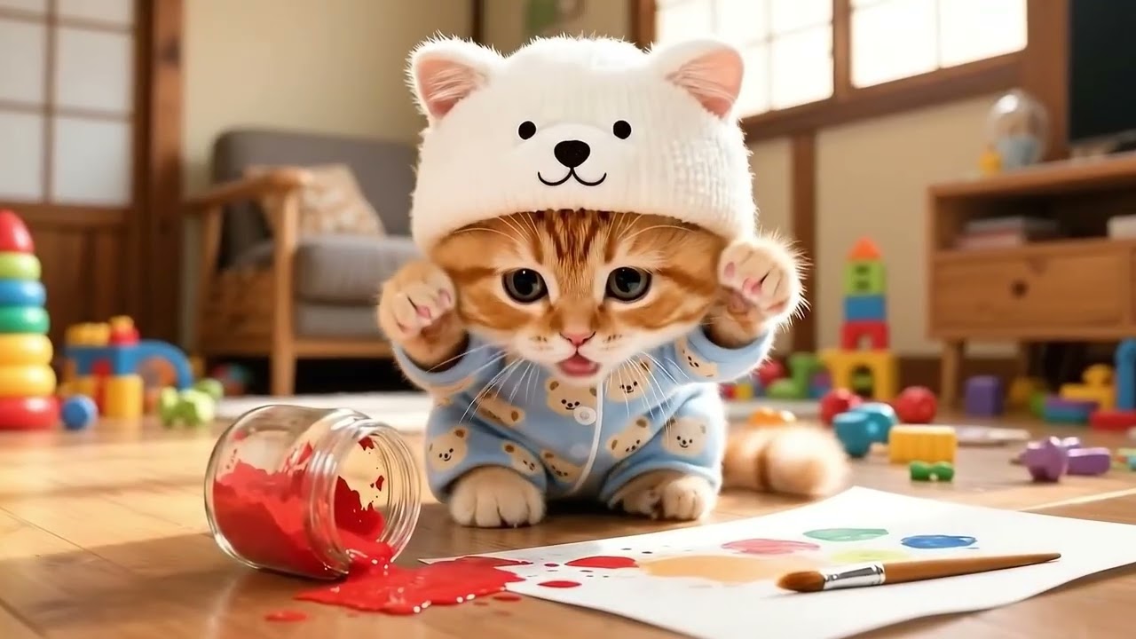 Ginger Kitten Has a Fever Late at Night Mama Cat Takes Care of H