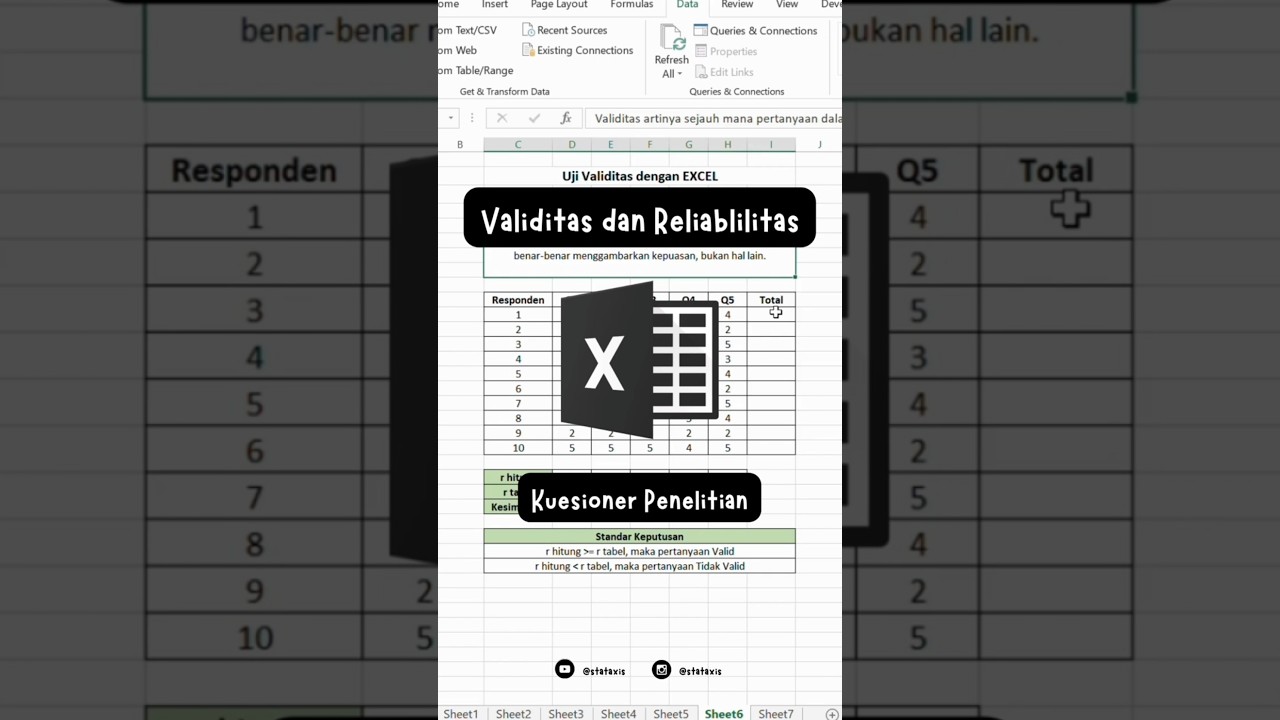 Excel 8 - Uji Validitas dan Reliabilitas Kuesioner Penelitian #excel #dataanalysis #stataxis