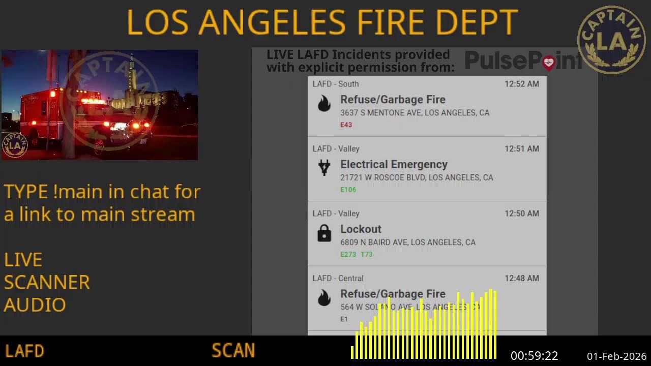 LAFD - *LIVE* Los Angeles Fire Department SCANNER Radio // FIRE & EMS // 31-Jan-2026 // LA CAPTAIN