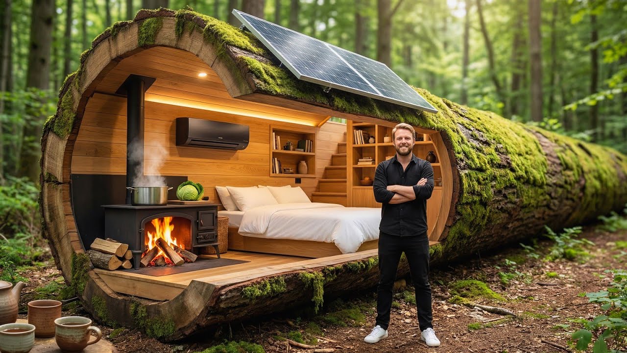 No one Knew it Existed! He Built a Luxury Hidden Home Upper a Giant Fallen Tree Trunk | Forest ASMR