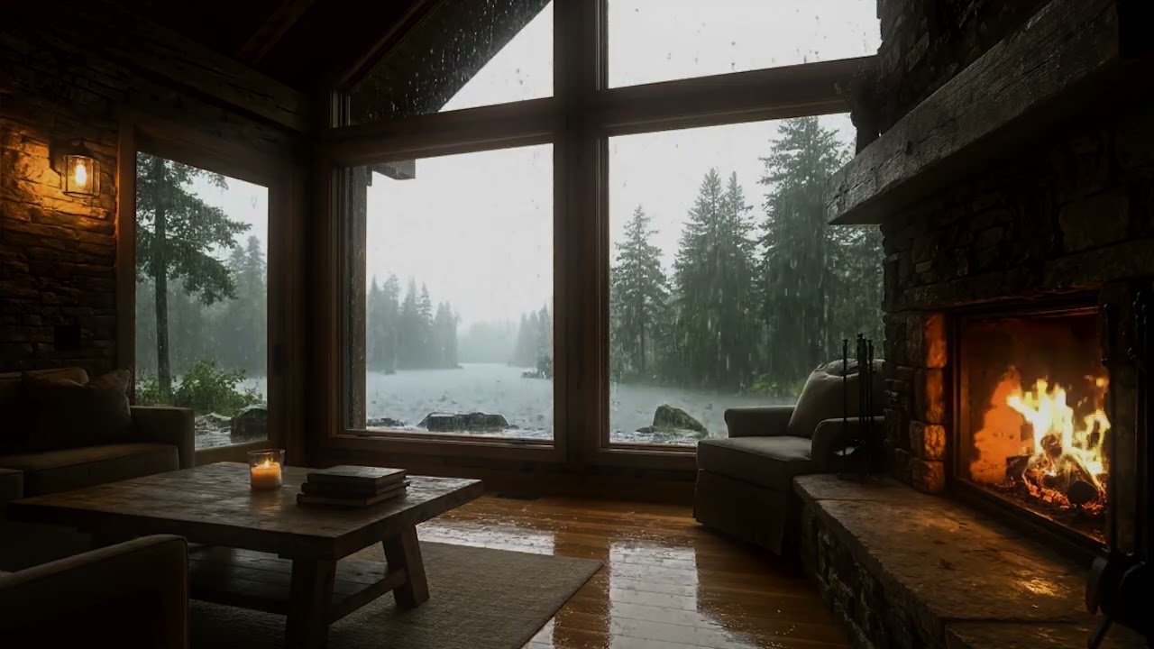 Peaceful rain in the forest sounds | Cozy cabin fireplace for deep sleep, relaxation, focus