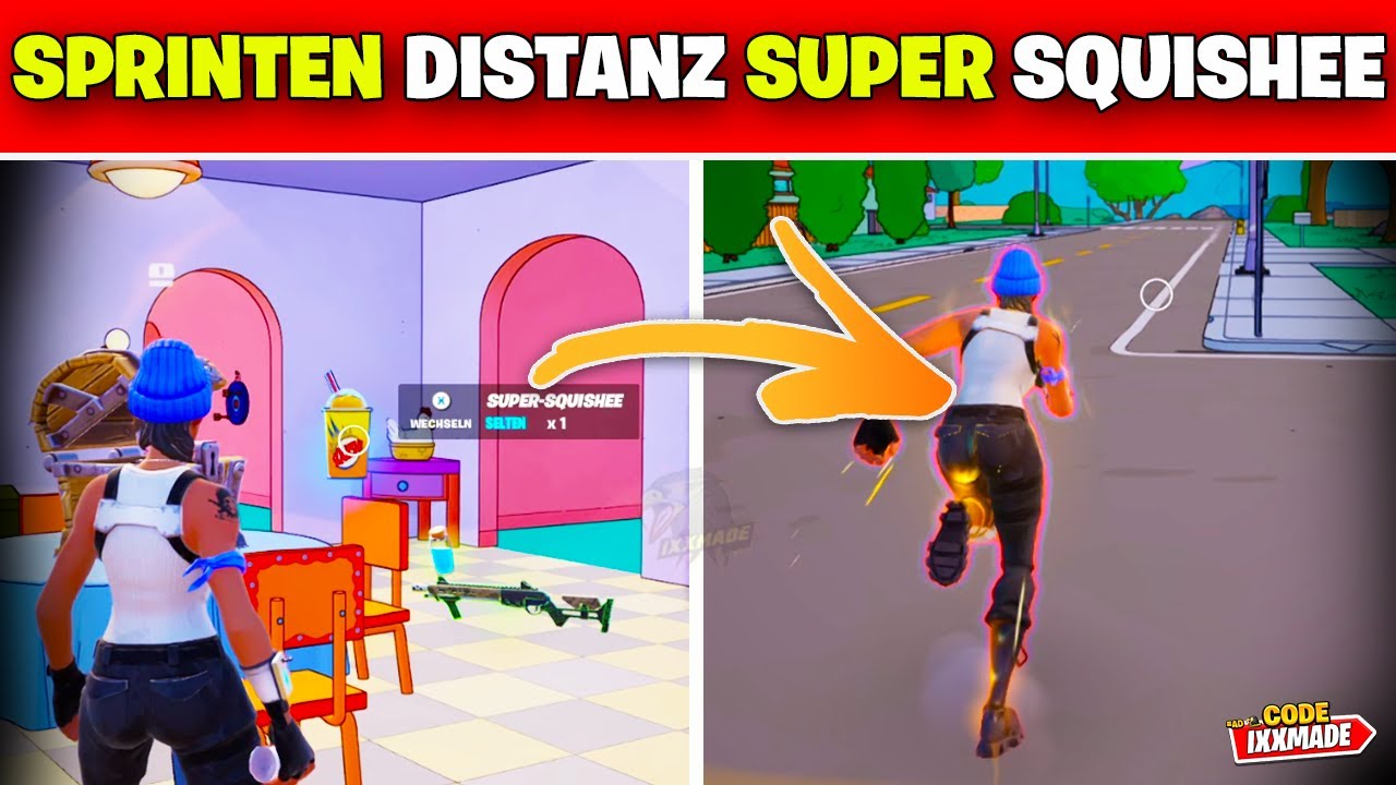 Lege beim Sprinten Distanz unter dem Einfluss des Super Squishee zurück Fortnite Starthilfe Aufgabe