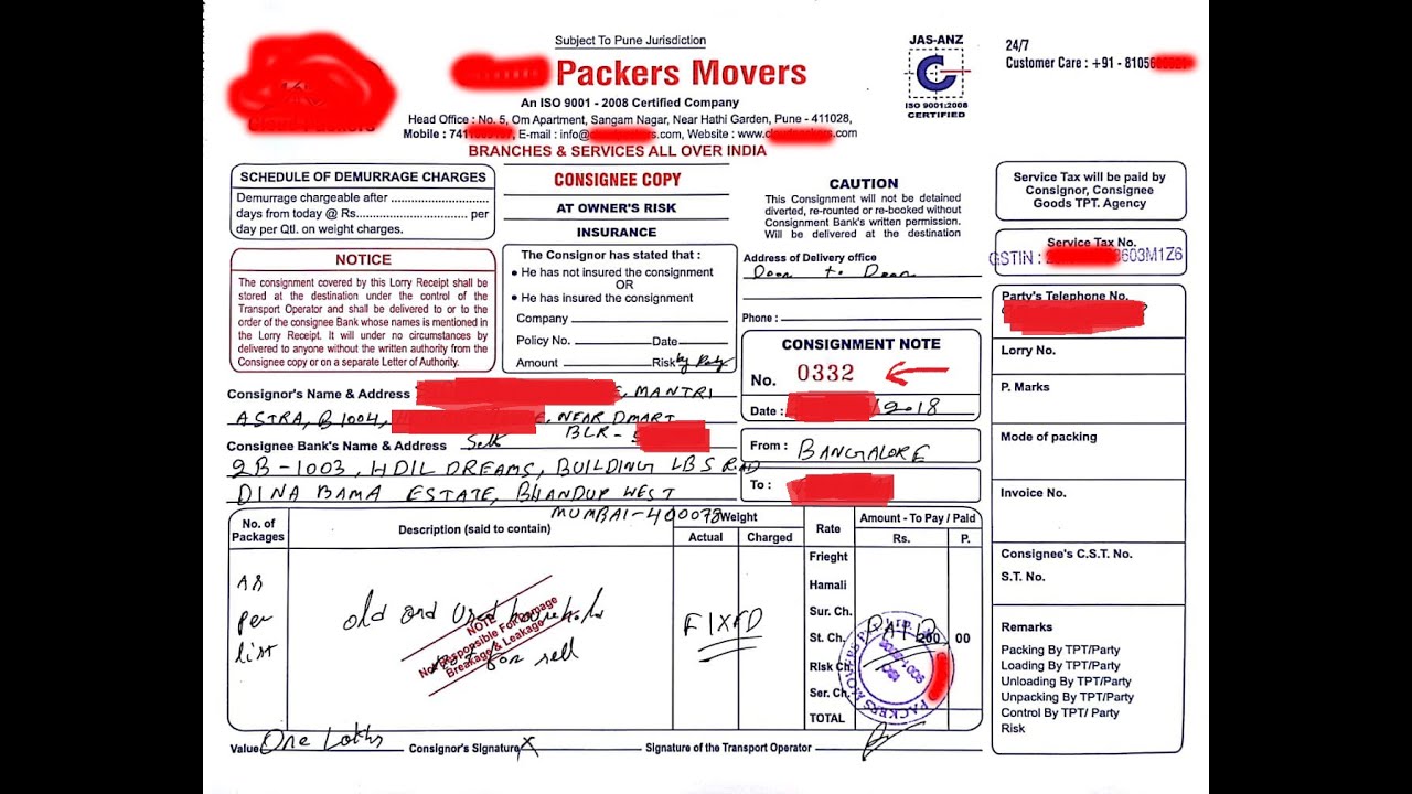 Packers and Movers bill for Claim with GST & IBA approved 100% Genuine & authentic for reimbursement