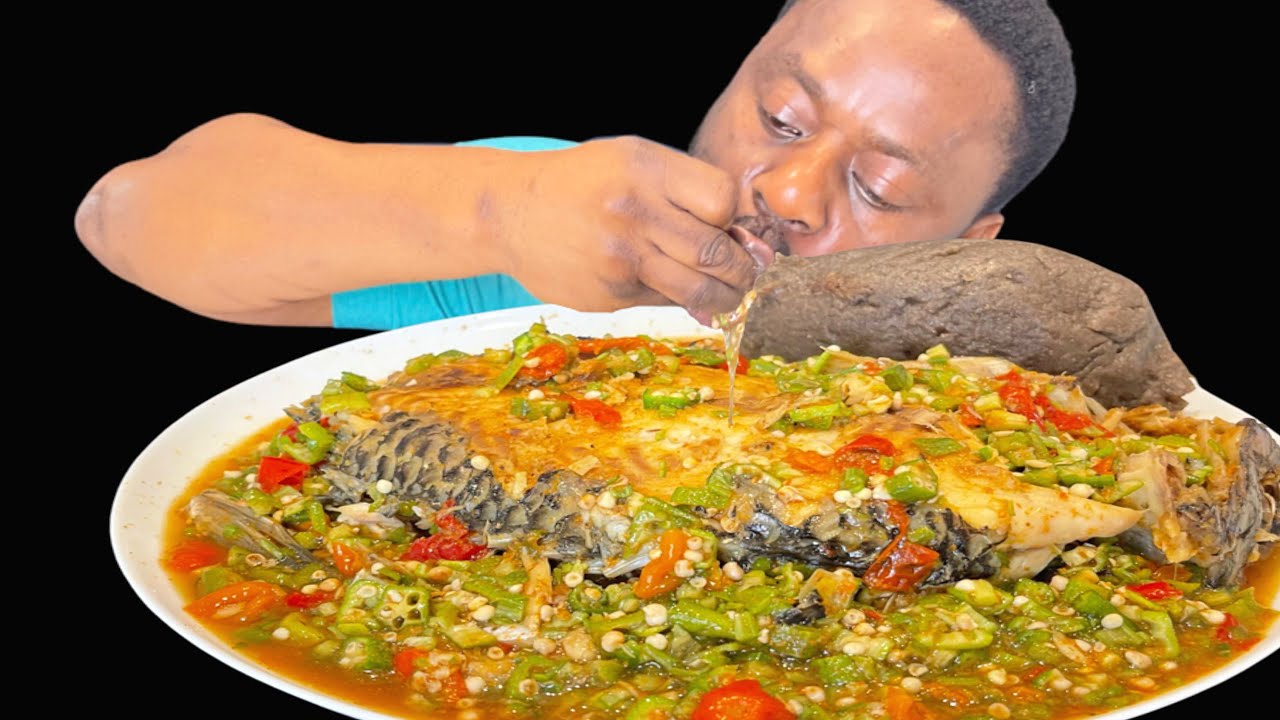 ASMR EXTREMELY SPICY OKRA SOUP WITH FISH & AMALA (Satisfying sound)