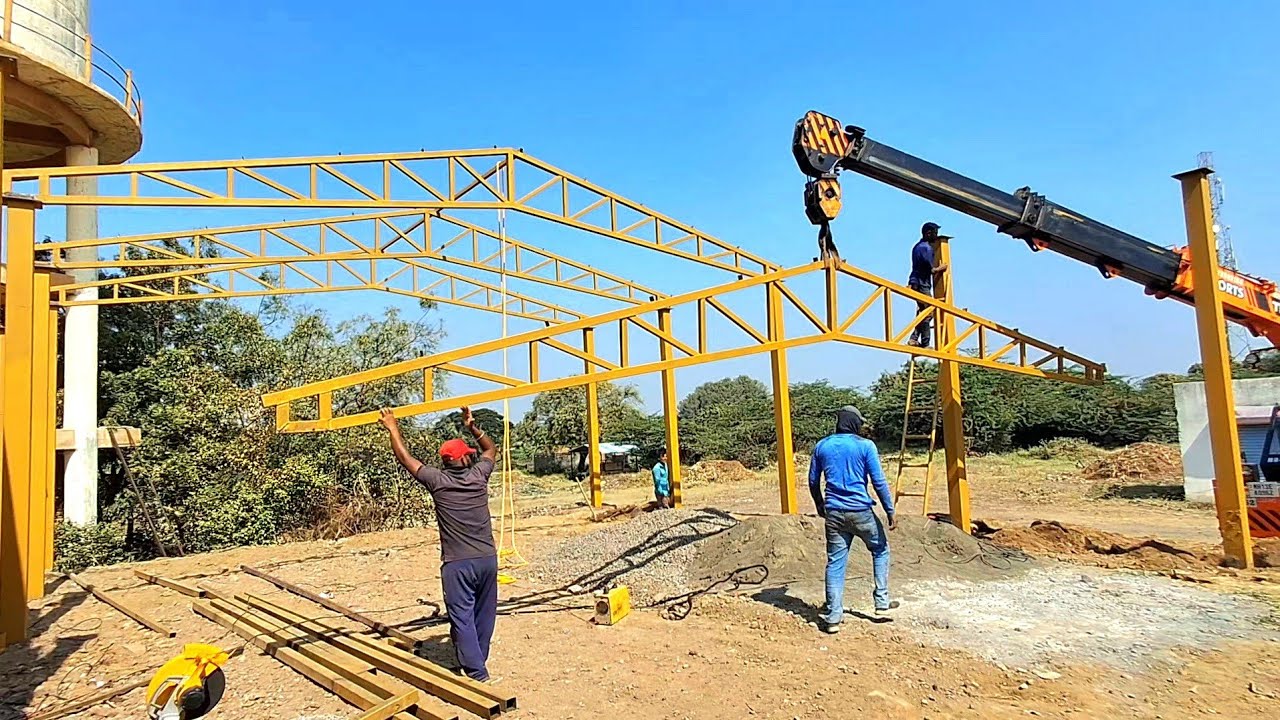50x33 Shed Work | 50×33 कैंची काॅलम शेड कैंची फिटिंग, कोटींग पतरा फिटिंग #shedwork 