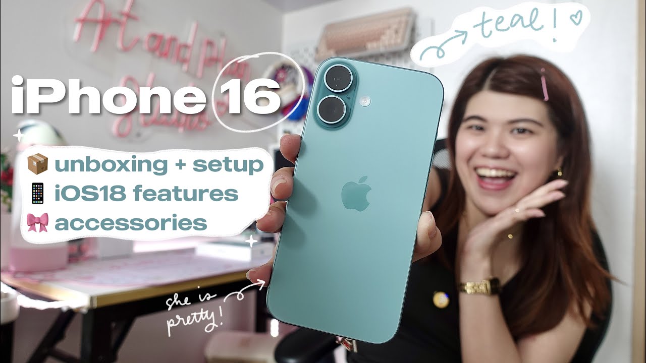 iPhone 16 Teal aesthetic unboxing 📱🌱 (setup, useful iOS 18 features, cute  cases & accessories!)