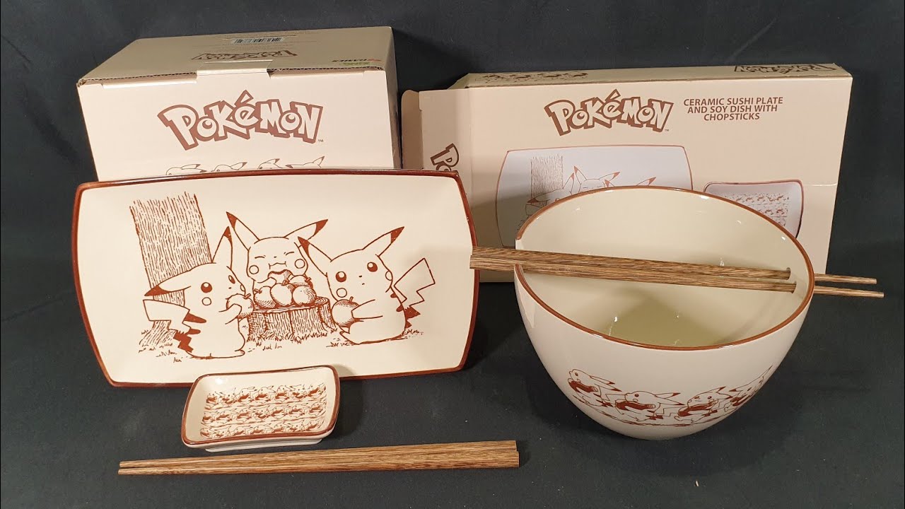 Unboxing: Pokemon Pikachu Ceramic Sushi Plate + Soy Dish + Chopsticks & Ramen Bowl + Chopsticks sets