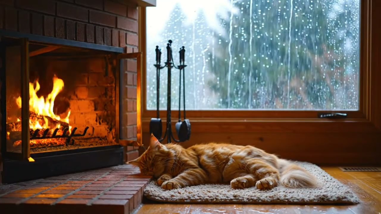 Rain Outside the Window & Fireplace with Sleeping Cat | Cozy Ambience for Sleep, Relaxation & Study