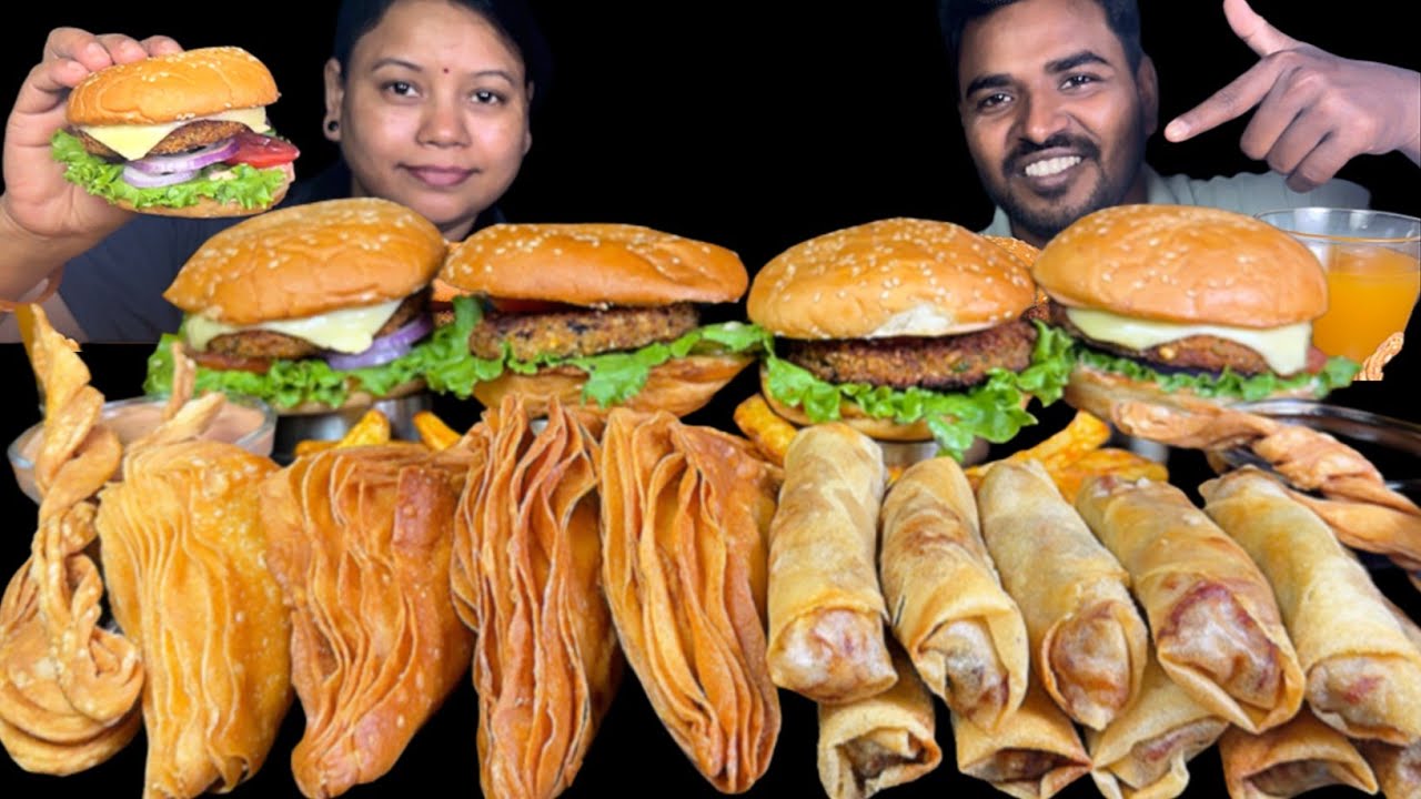 Aloo Tikki Cheese Burger, Spring Roll, Aloo Patties & Fries Eating Show