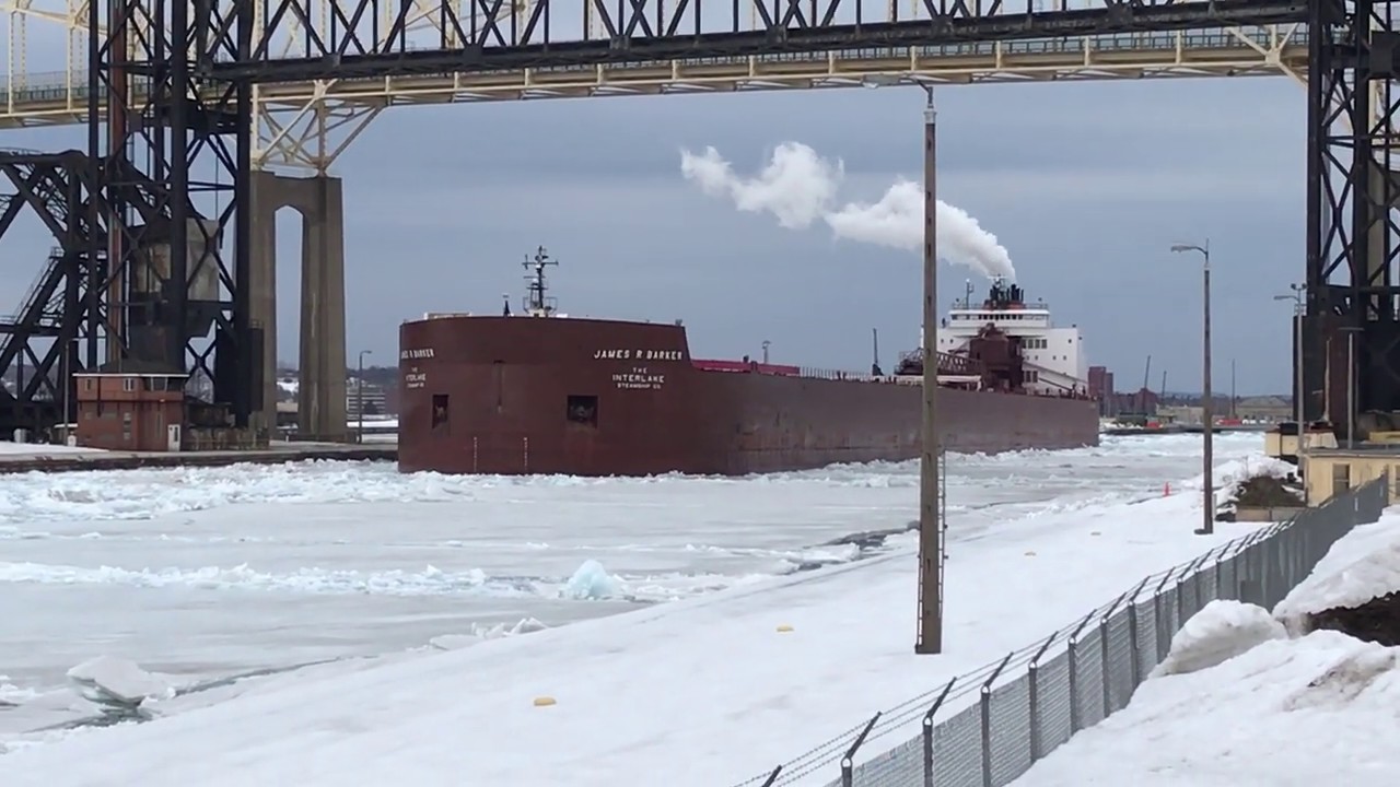 Great Lakes Freighter James R Barker in an icy Soo Lock Canal