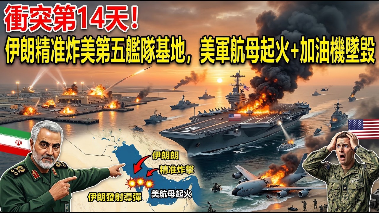 衝突第14天！伊朗精准炸美第五艦隊基地，美軍航母起火+加油機墜毀