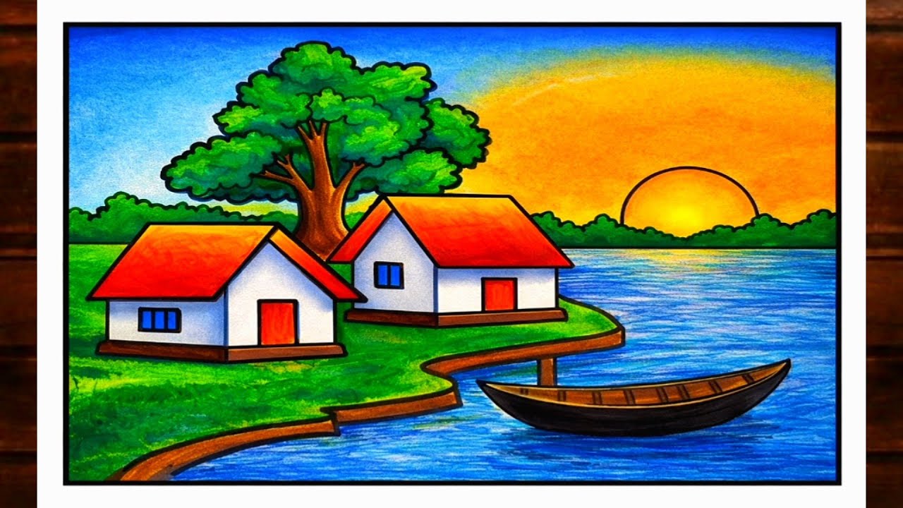 How to draw easy scenery drawing with oil pastel landscape village scenery drawing step by step