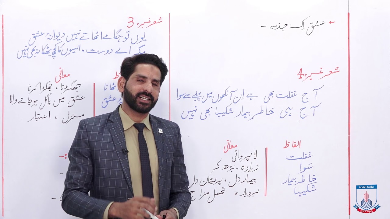 Class 10 - Urdu - Lecture 39 - firaq ghoraq puri - ashar number 3,4 ki tashree Allied Schools
