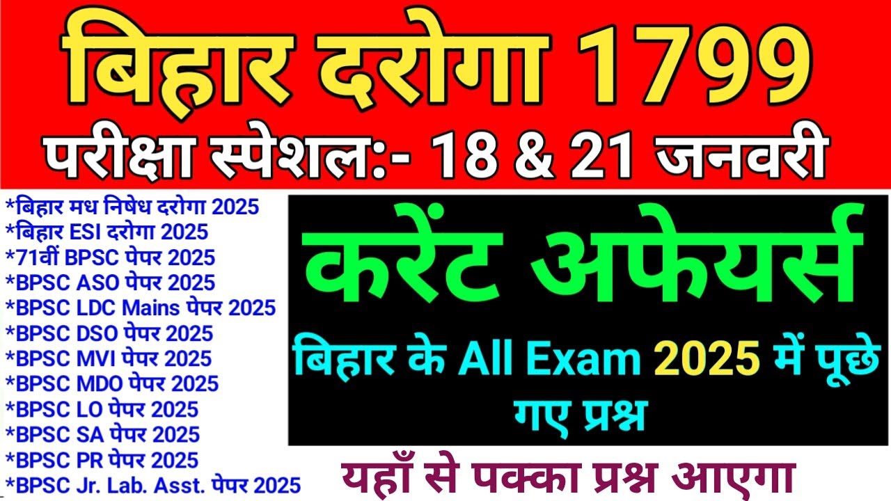 Bihar Daroga/SI Current Affairs 2025 बिहार के सभी परीक्षाओं में पूछे गए Question January to December