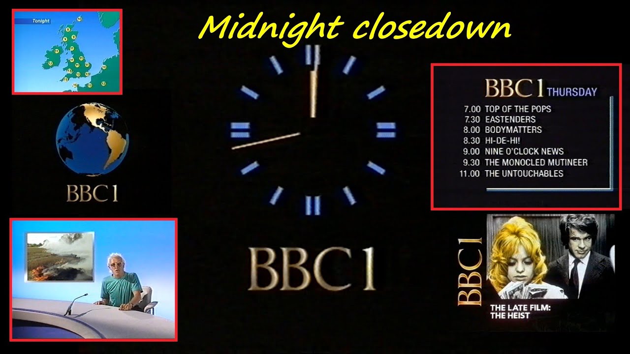 BBC1. Midnight closedown. 1988. Cathy Stewart. What's on, the weather and a public information film