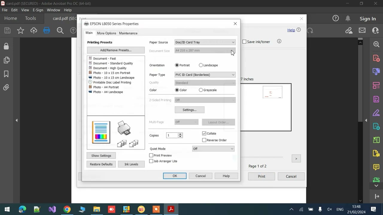 Epson l8050 pvc card printing setting