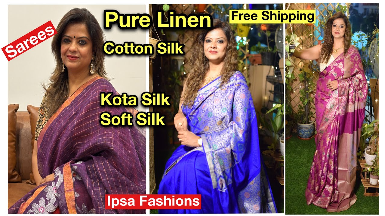Free Shipping on Pure Linen, Cotton Silk, Banarasi Silk, Kota Sarees at Ipsa Fashions | Shwetadhiraj