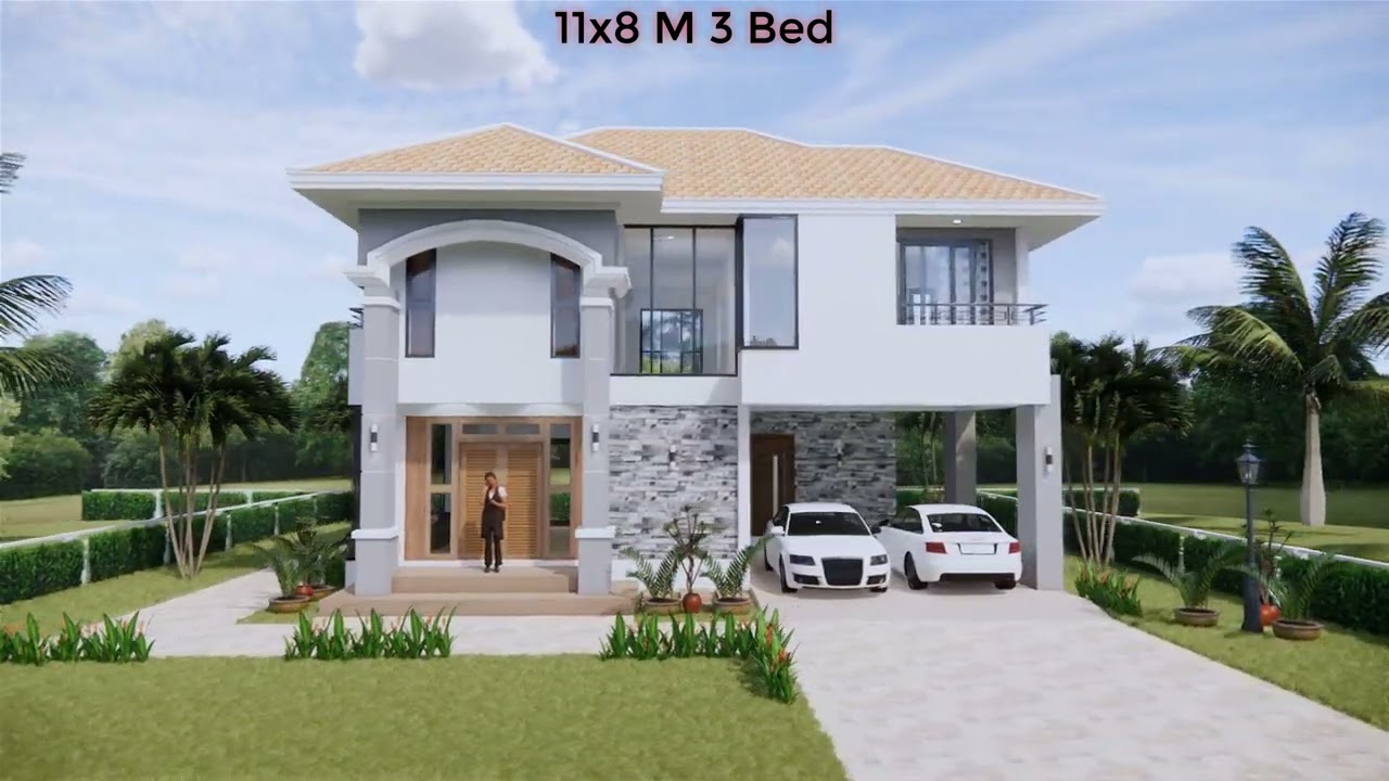 House Design Plan 11x8 Meter 3 Beds 3 Baths Hip Roof