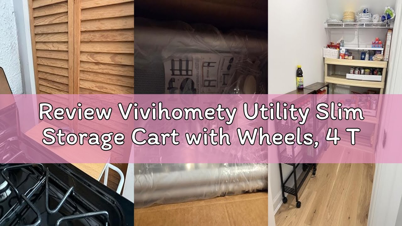 Review Vivihomety Utility Slim Storage Cart with Wheels, 4 Tier Small Rolling Cart with Wood Top, Me