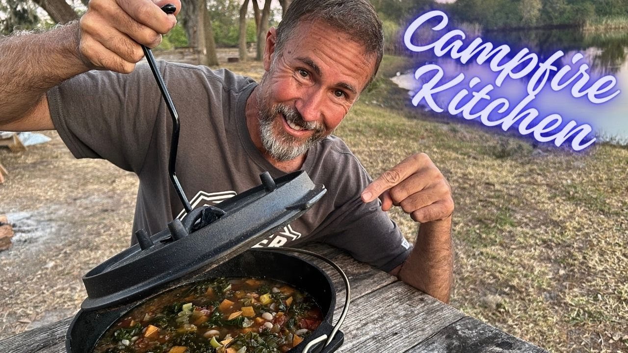 Campfire Cooking Amazing Soup in Dutch Oven
