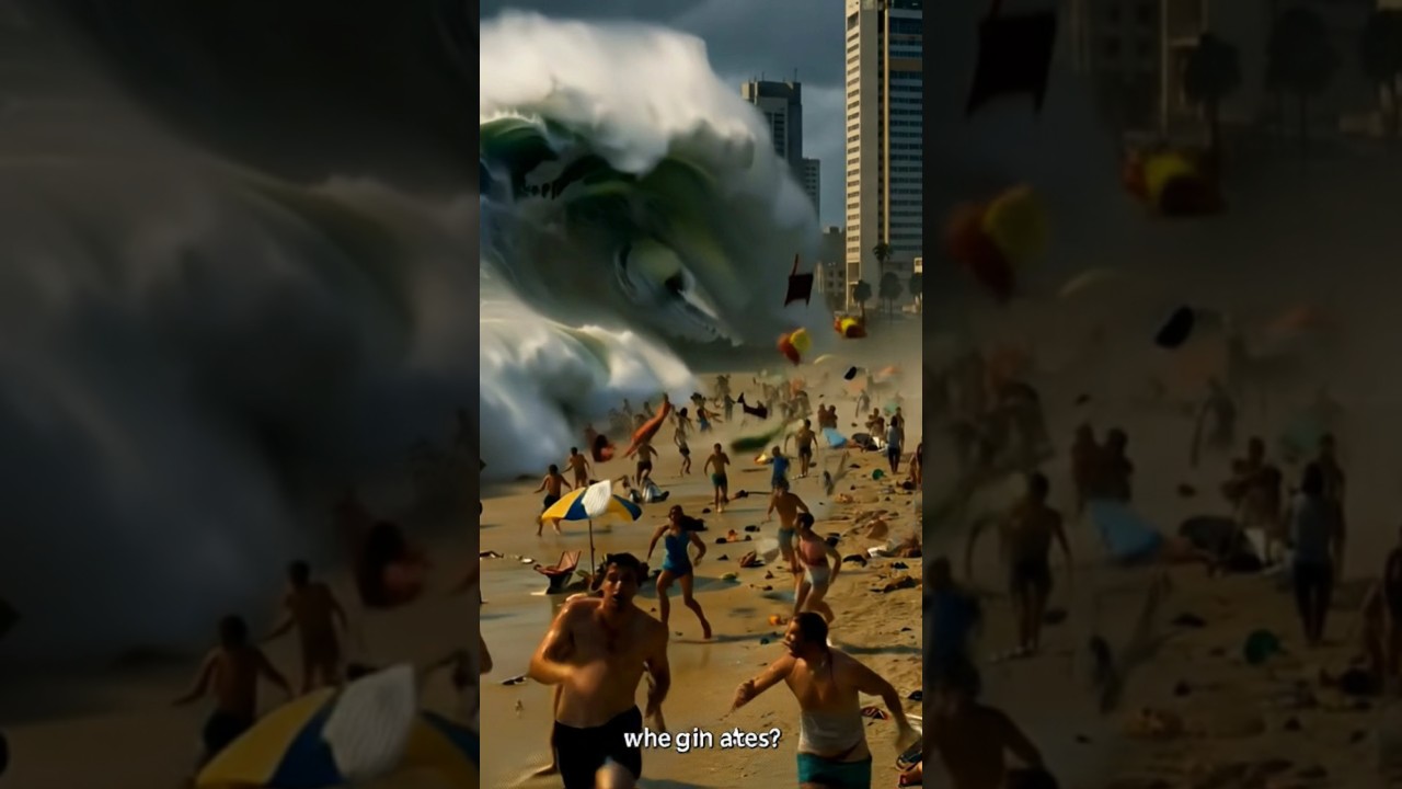 Tsunami Chaos: Seconds Before Impact. #TsunamiWave #BeachPanic      #NatureVsCity