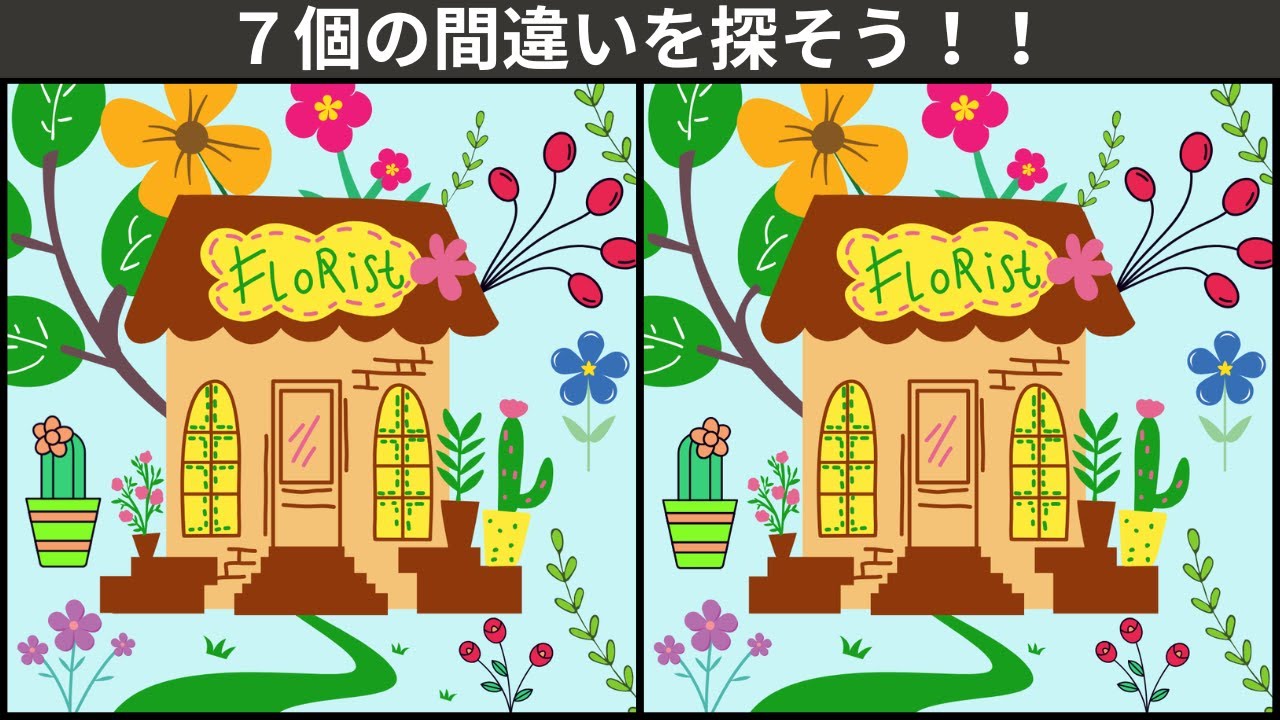 【大人の間違い探し】楽しく、頭の体操・記憶力向上。60代から始める認知症・老化防止のための間違い探しクイズ🌹お洒落なお花屋さん🌸のイラスト編【777を目指せ】　＃39