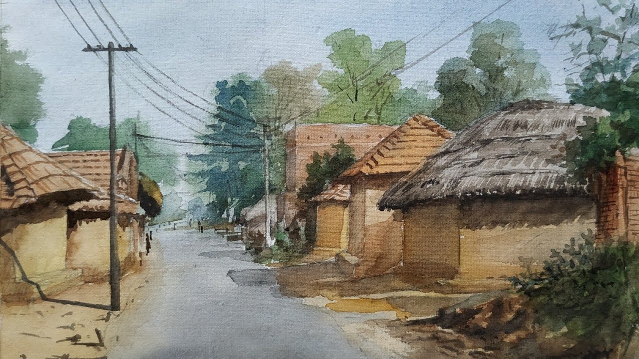 Watercolor tutorial - How paint village scenery near road site Step by Step (Very Easy)