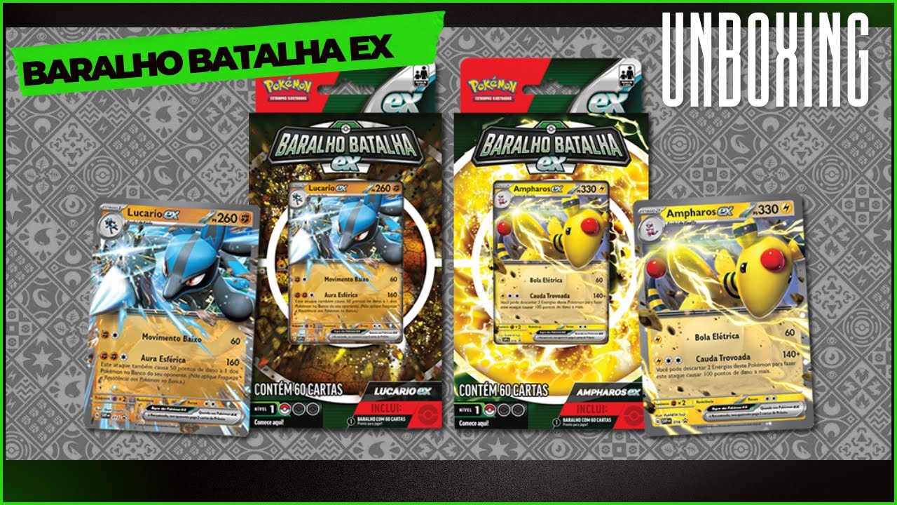 Unboxing Baralho Batalha ex - Lucario Ampharos - Pokemon TCG - Deck Pré Construído