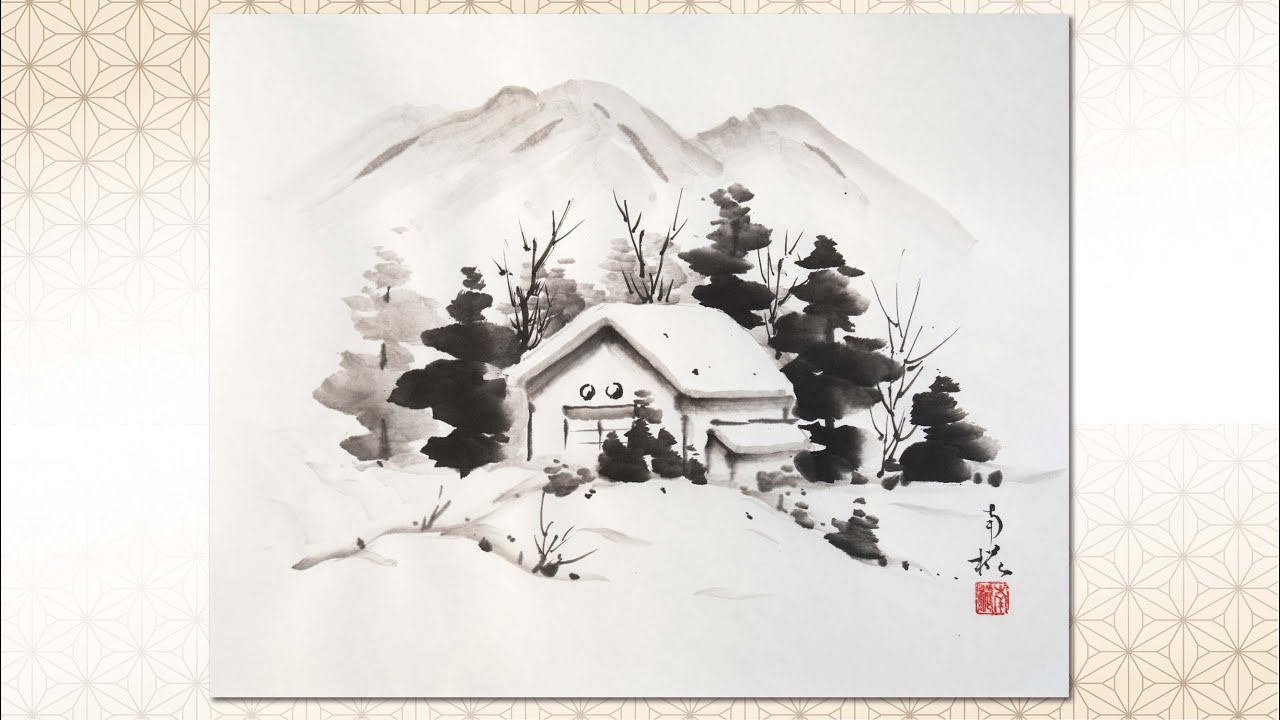 No.18「雪景色」を水墨画で描いてみましょう。