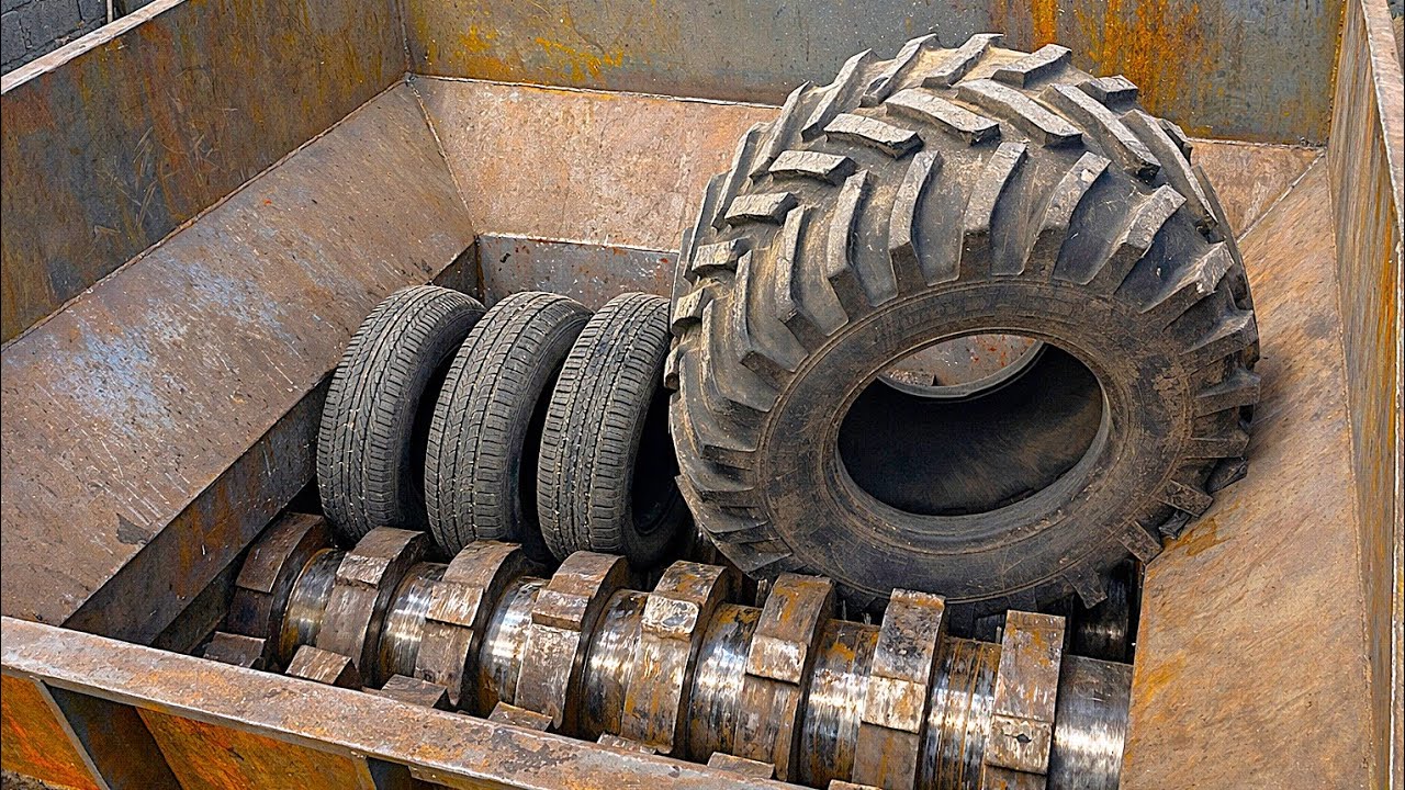Industrial Metal Shredder in Action! Massive Tractor and Car Tyres Crushing 