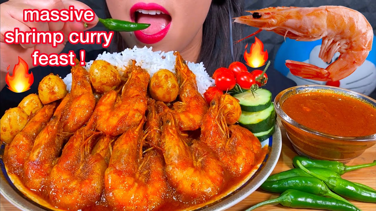 ASMR MASSIVE SPICY SHRIMP CURRY FEAST, EGG CURRY, CHILI, BASMATI RICE Eating Sounds