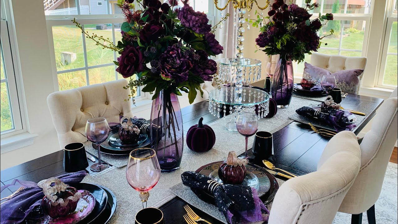 NEW* OVER THE TOP GLAM FALL TABLESCAPE | PURPLE AND BLACK #DECORATEWITHME #GLAM