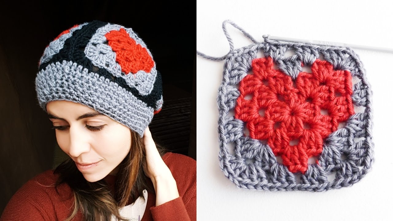 GORRO con GRANNY SQUARES (granny square de CORAZÓN) | Tutorial paso a paso | Ahuyama Crochet