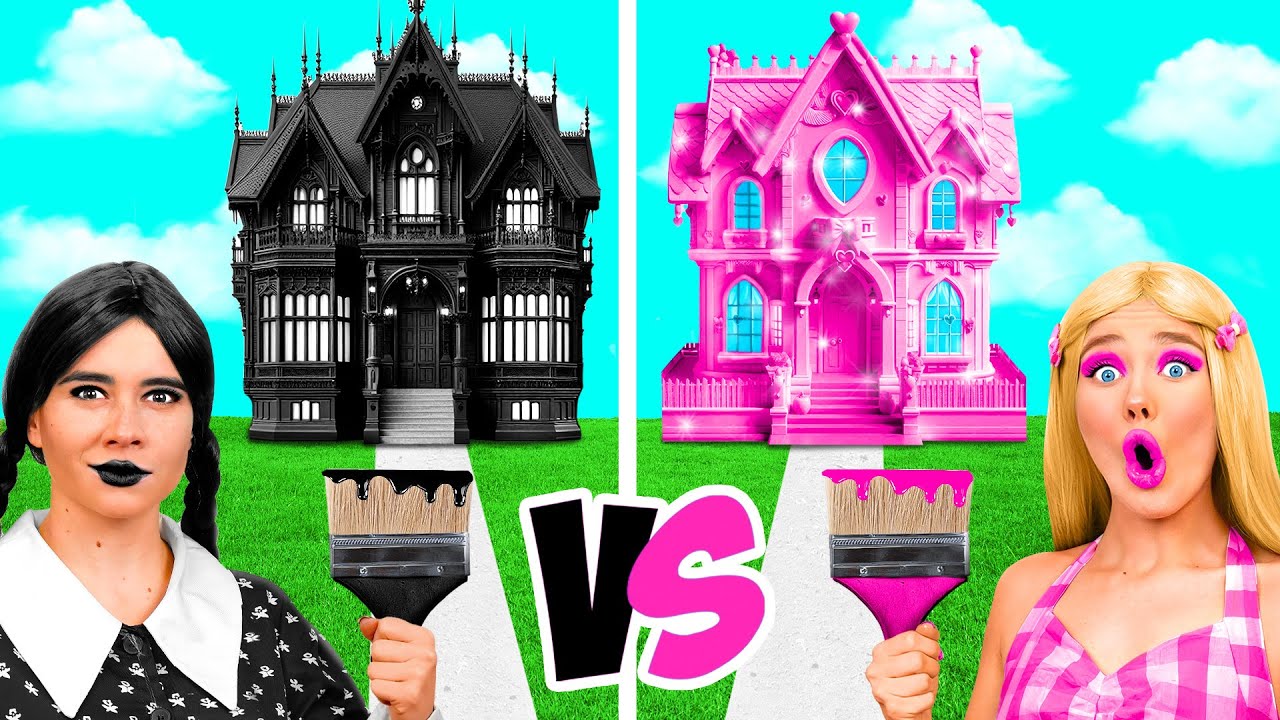 Уэнсдей Против Барби Домики Одного Цвета Челлендж | Крутые Творческие Лайфхаки BaRaDa Gold Challenge