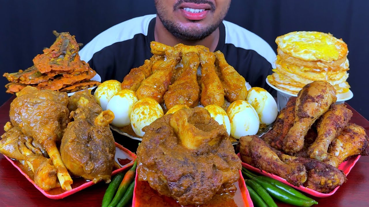 Eating Spicy Buffalo Curry, Chicken Leg Fry & Curry, Mutton Curry, Egg with Rice