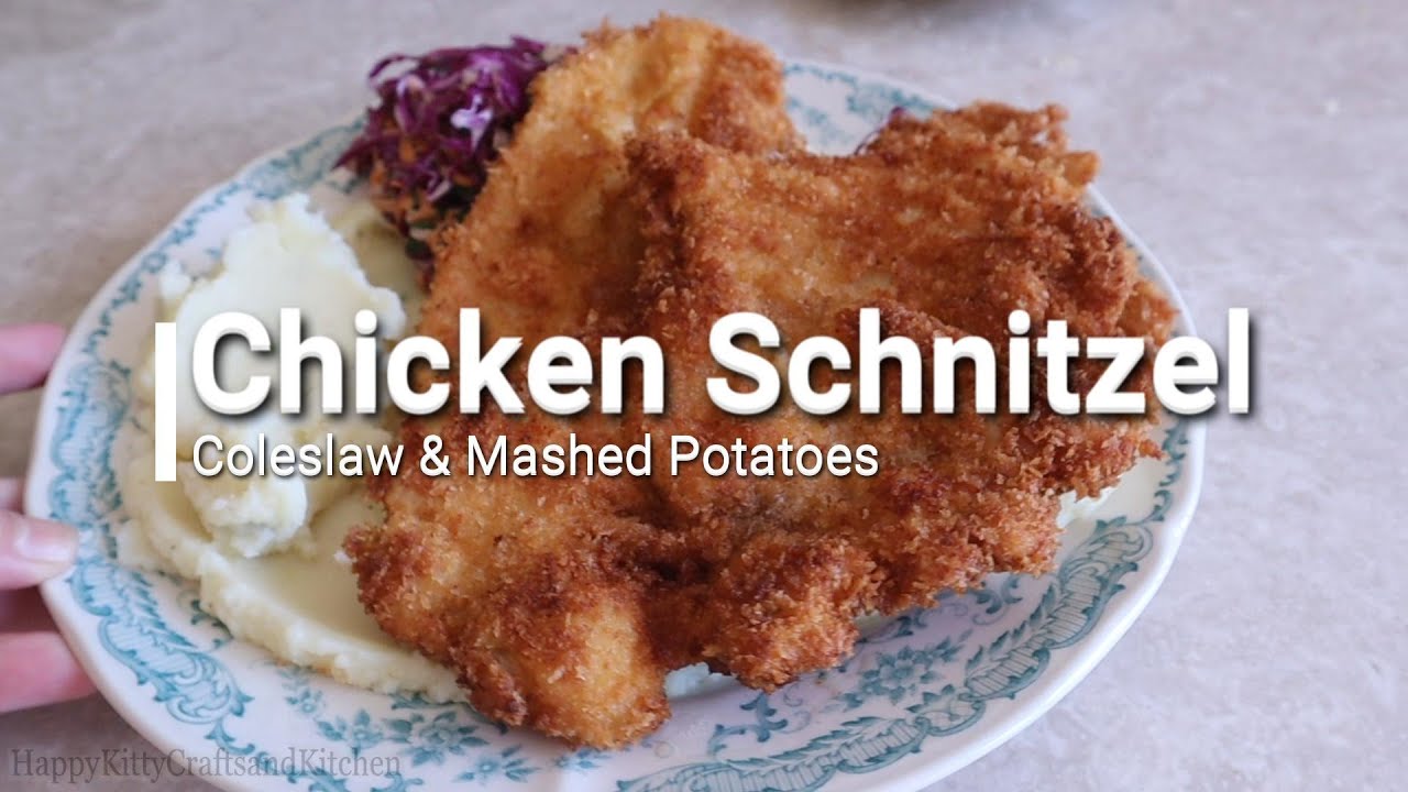 Chicken Schnitzel Coleslaw & Mashed Potato Recipe-دجاج شنيتزل سلطة ملفوف و بطاط مهروسHappyKitty