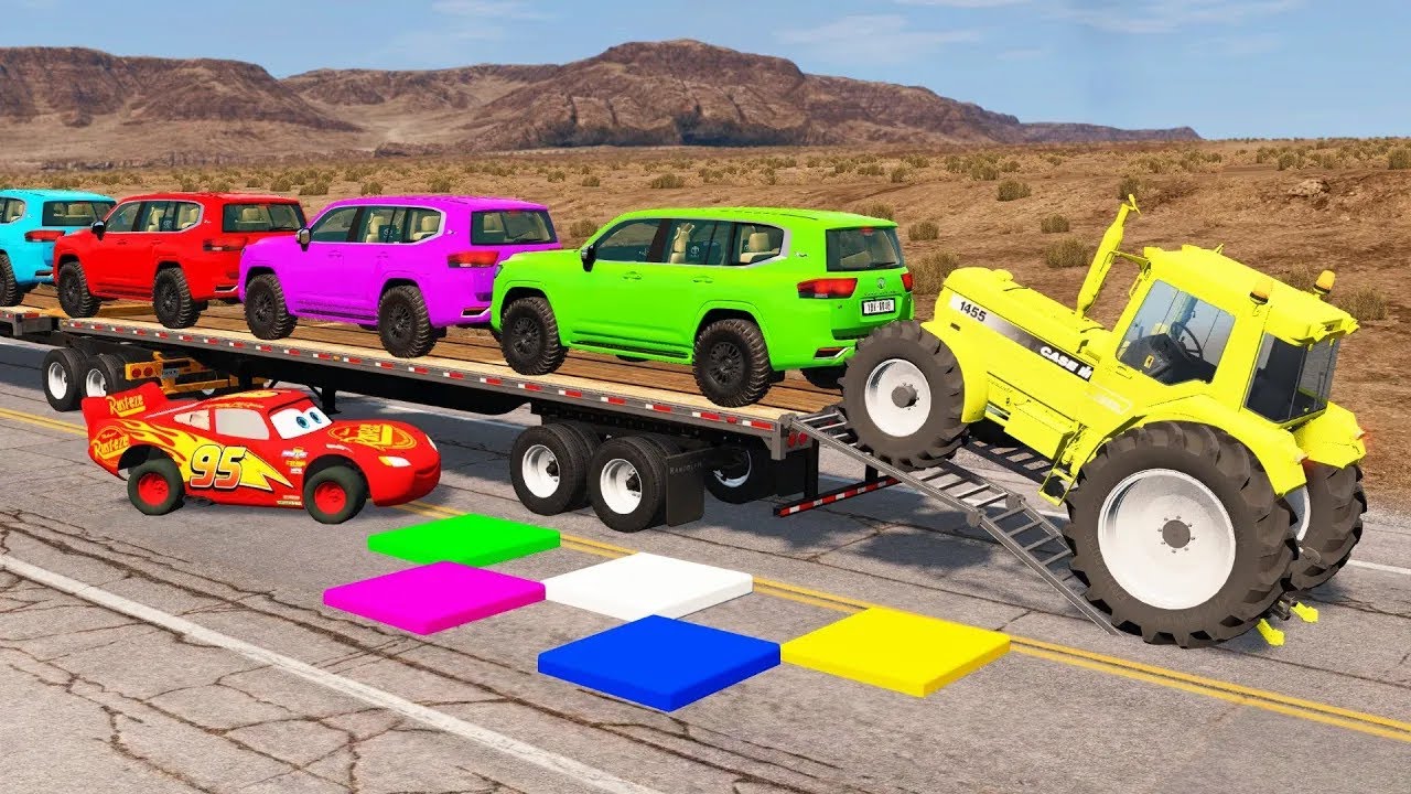 TRANSPORTING PIXAR CARS & FRUITS WITH COLORED & JOHN DEERE vs CLAAS vs TRACTORS - BeamNG.drive #962