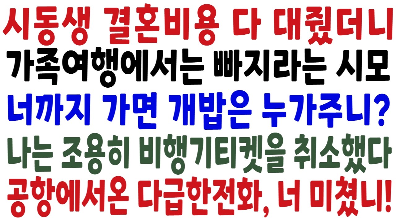 시동생 결혼비용 다 대줬더니 기념으로 가는 해외여행, 너는 집에서 개밥챙기라는 시어머니.. 내 월급으로 예약한 비행기티켓 취소했더니 부재중전화가 100통이나 오는데...