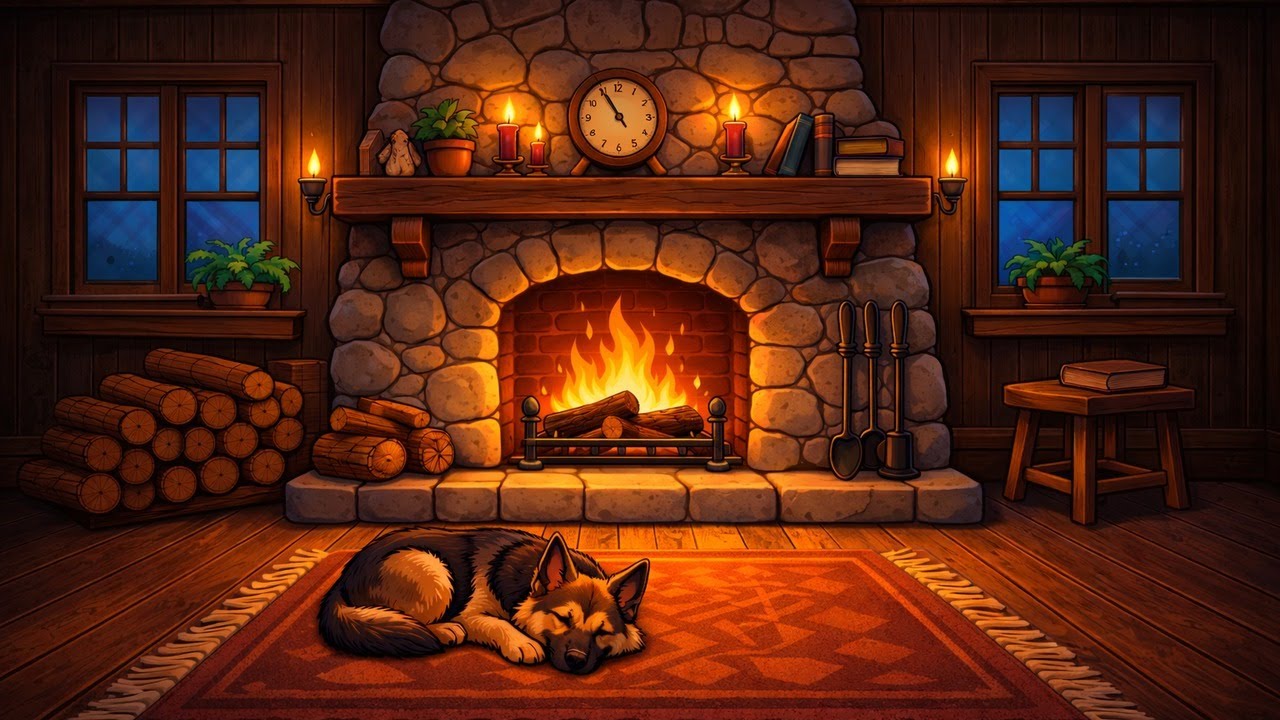 Cozy Winter Fireplace LoFi 🔥 Sleeping Dog 🐶 | Study / Sleep / Relax