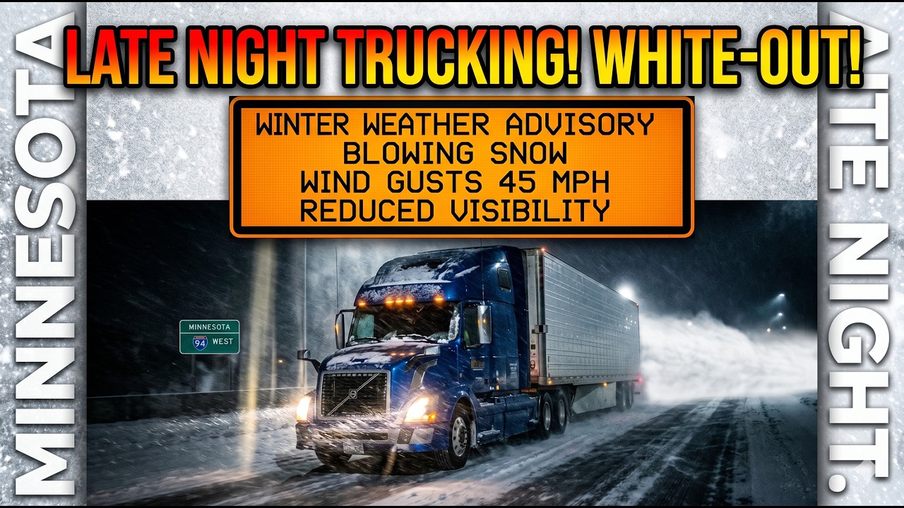 Late night truck driving Minnesota. Winter weather advisory in effect. Blowing snow wind gust 45 mph