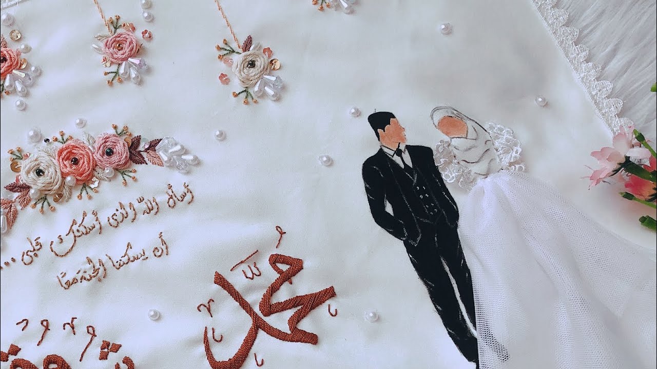 طريقة رسم وتطريز عروسة محجبة في منديل كتب الكتاب