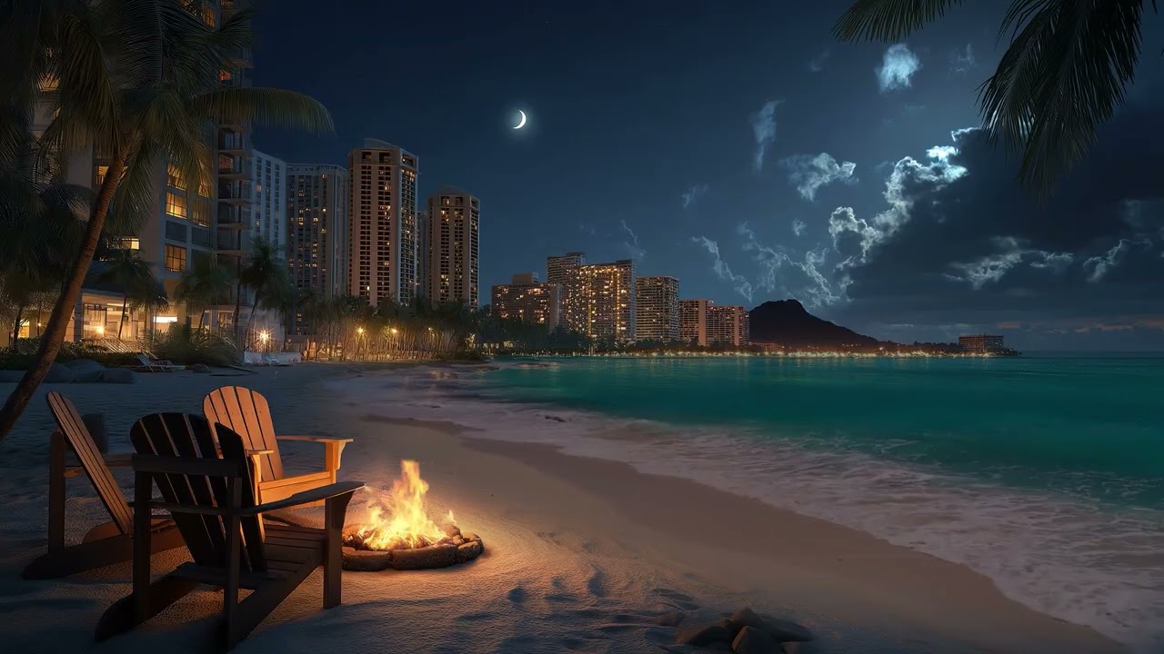 Waikiki Beach at Night 🌙 | Calm Waves & Bonfire Sounds