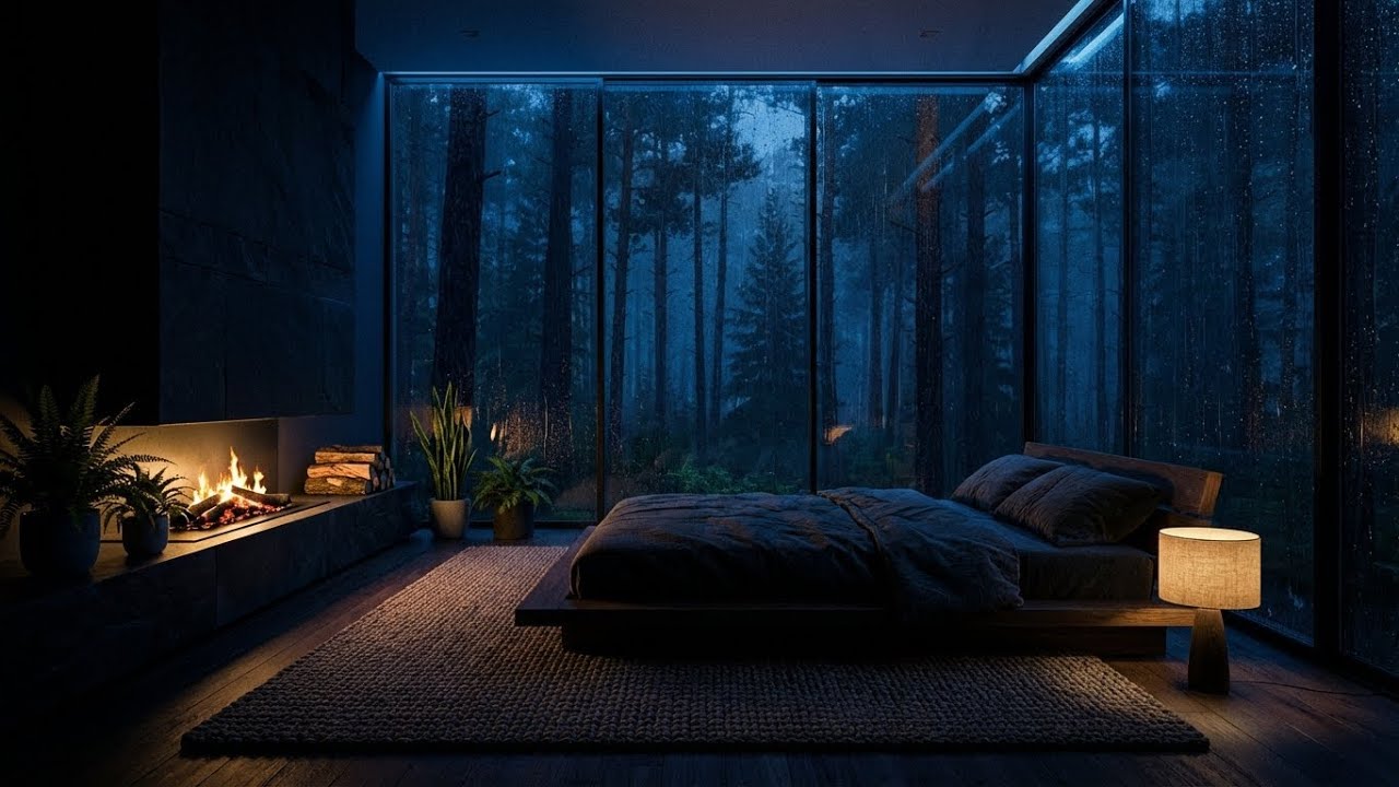 Deep Comfort: Rain & Felt Piano in Dark Forest Room for Deep Sleep and Anxiety Reform 🌲🌙