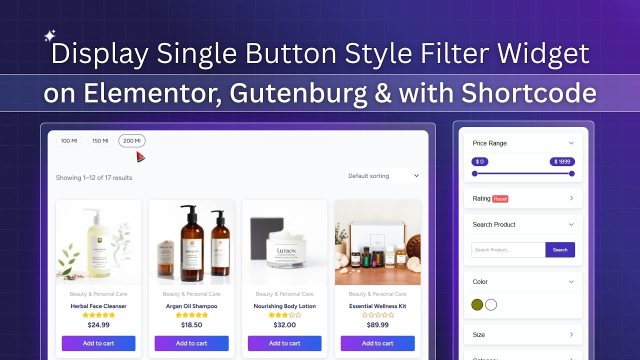 Display single button style filter widget on Elementor, Gutenburg & with shortcode